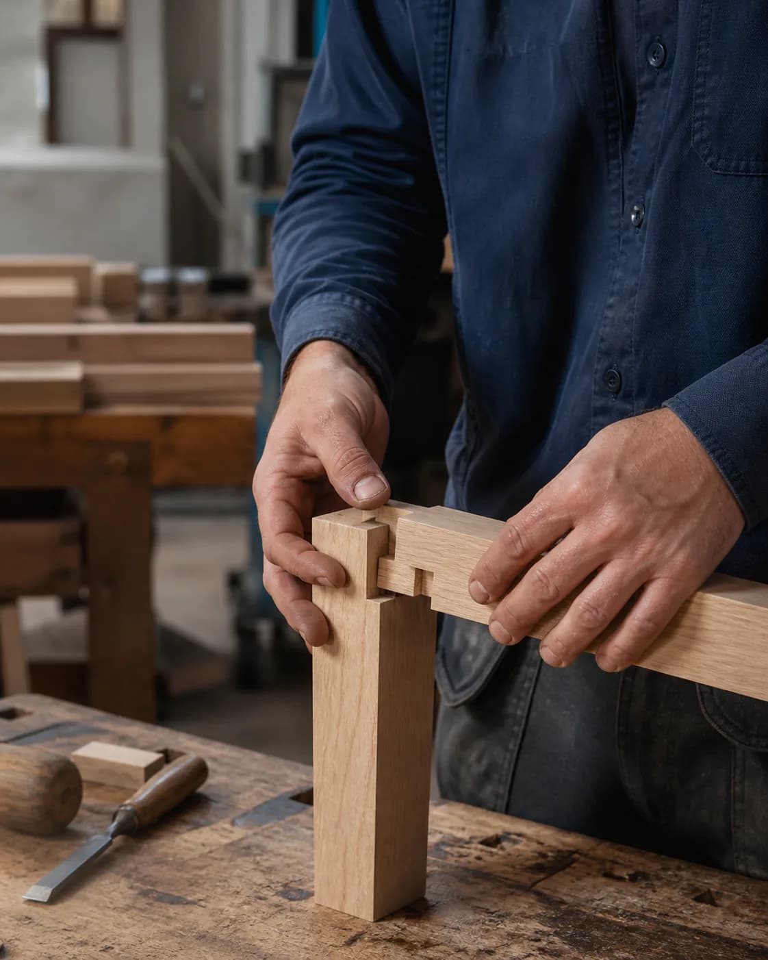 A craftsperson in blue workwear fits a precise hardwood joint at a worn bench.