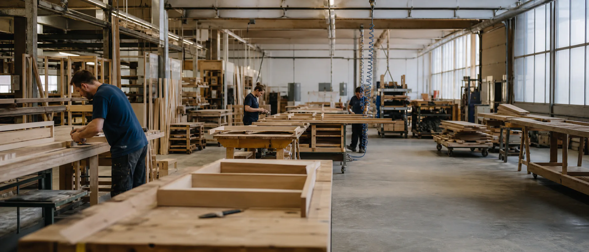 Craftspeople continue working across long assembly benches in an active timber furniture workshop.
