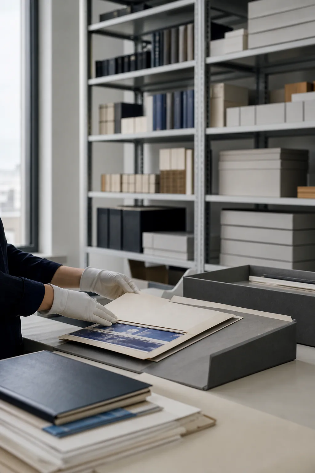 A gloved archivist arranges unlabelled research papers beside ordered shelves and archive boxes.