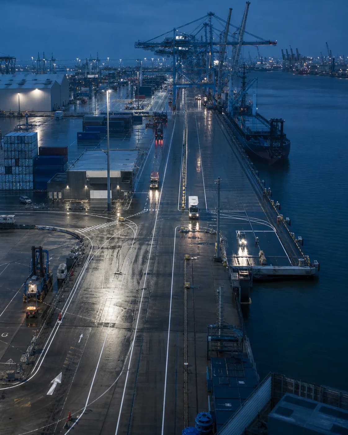 An elevated view along a working harbour quay after rain, with cranes, service lanes and a berthed vessel.
