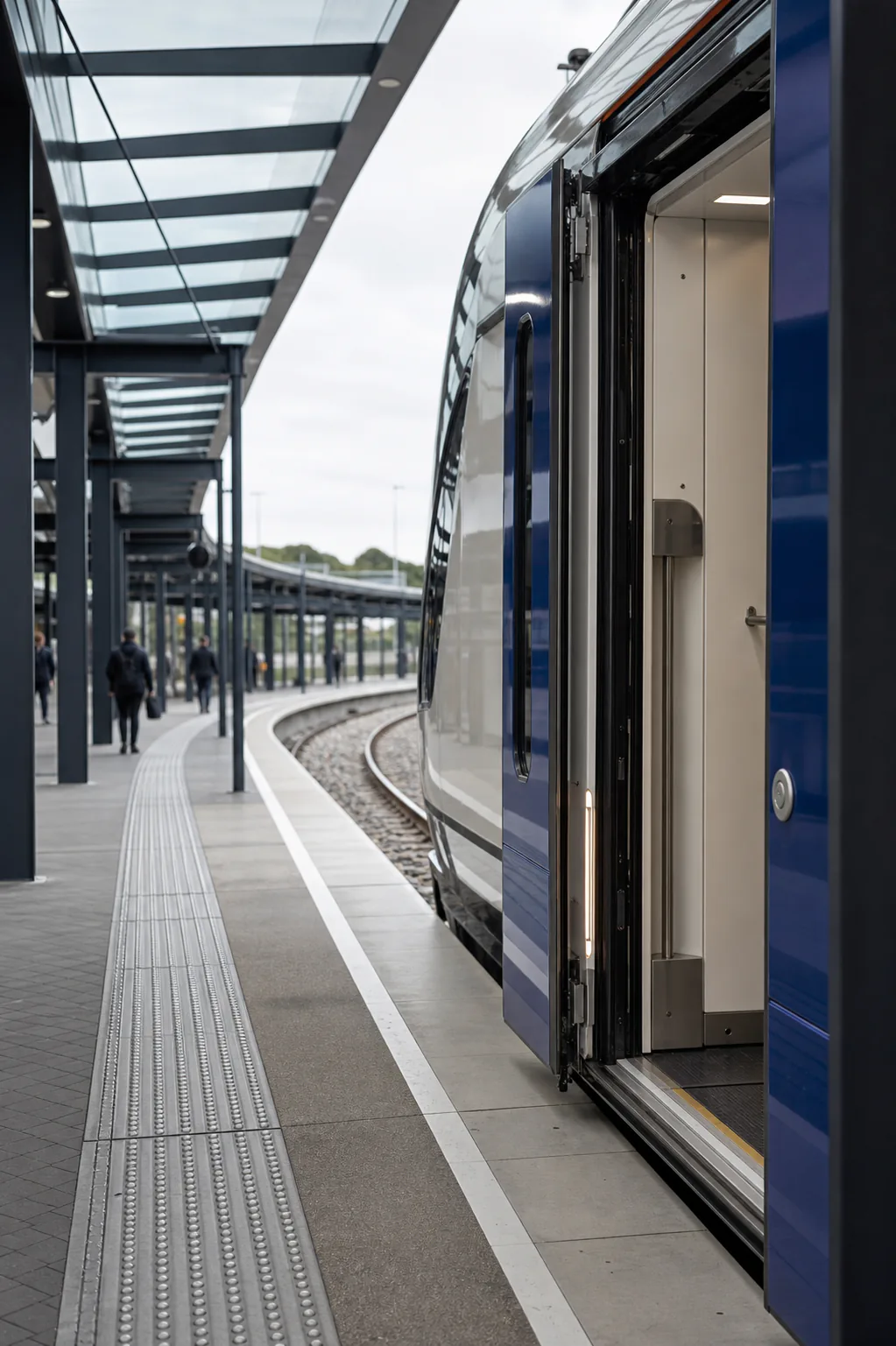 An unbranded blue train stands with its door open beside tactile paving on a modern platform.